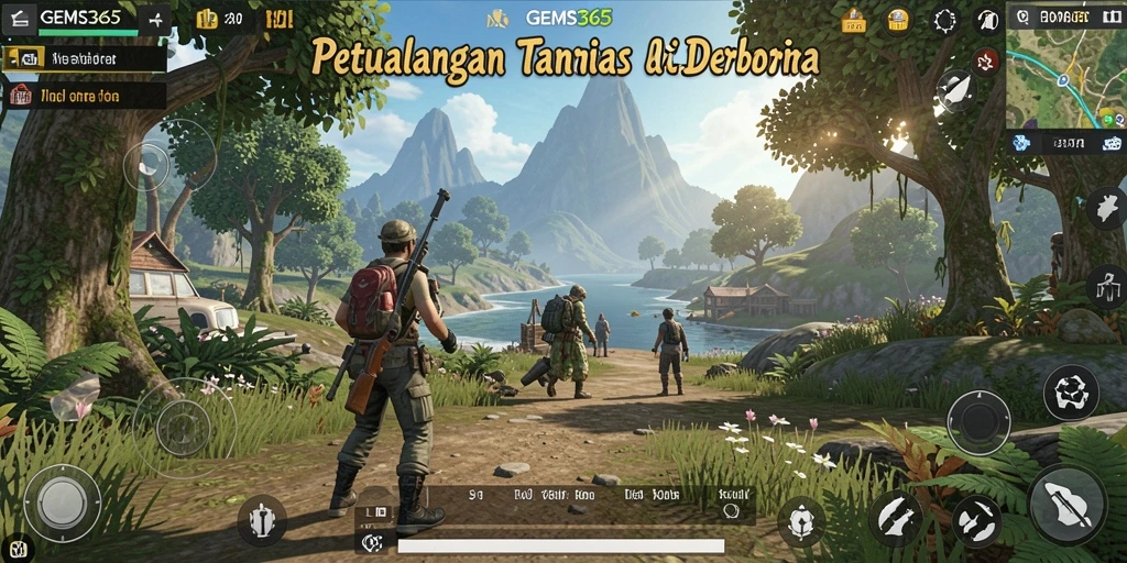 Tampilan gameplay GEMS365 dalam dunia terbuka yang luas.