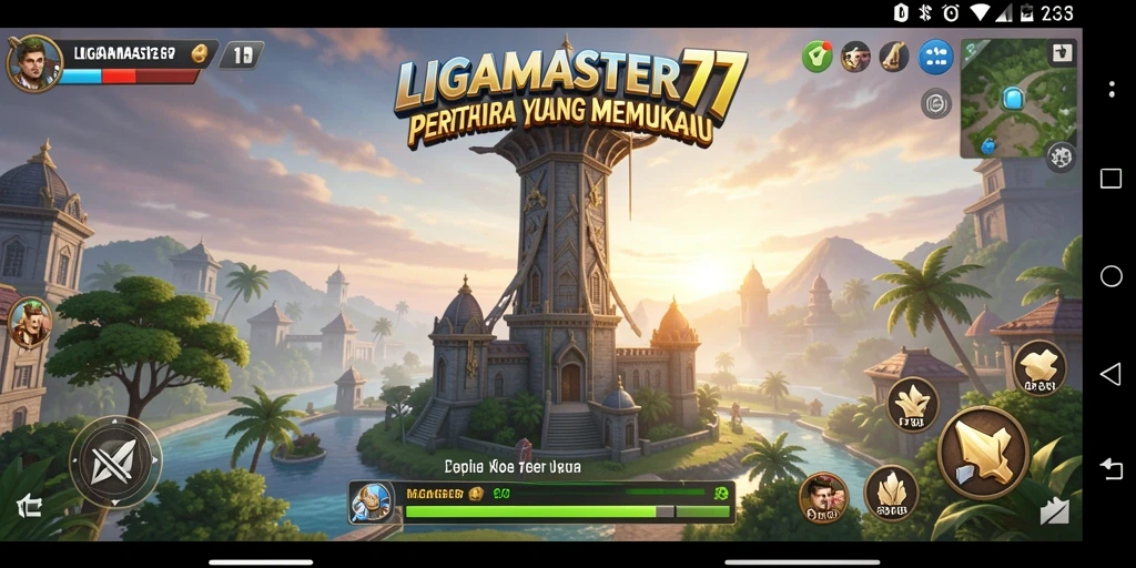 Screenshot utama LIGAMASTER77 menampilkan aksi menara pertahanan yang intens.