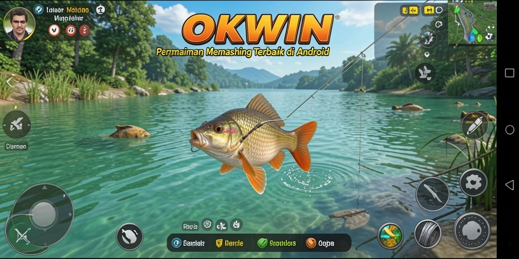 Tampilan gameplay OKWIN dengan aksi memancing yang seru.