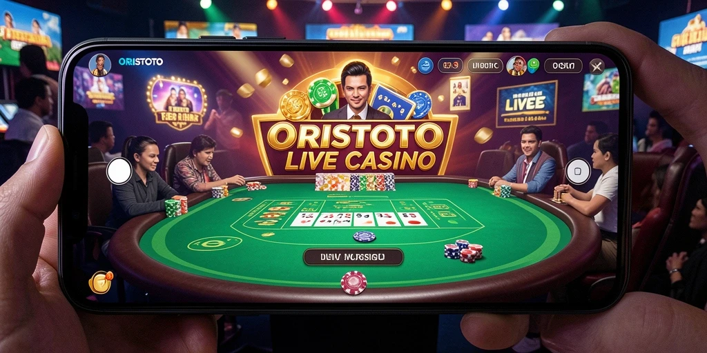 Tampilan utama gameplay ORISTOTO dengan dealer profesional dan permainan Live Casino.