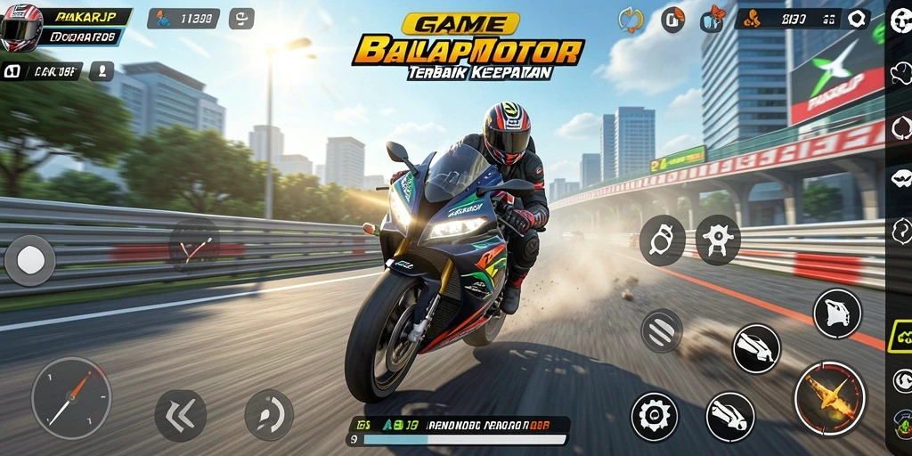 Tangkapan layar gameplay <strong>PAKARJP</strong> menunjukkan balapan motor yang mendebarkan.