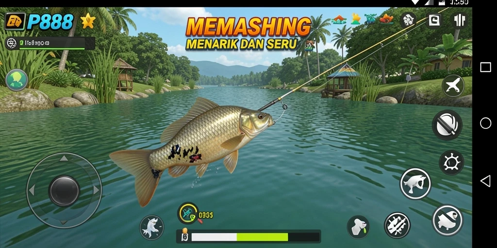 Screenshot gameplay RP888 yang menunjukkan aksi memancing yang mendebarkan.