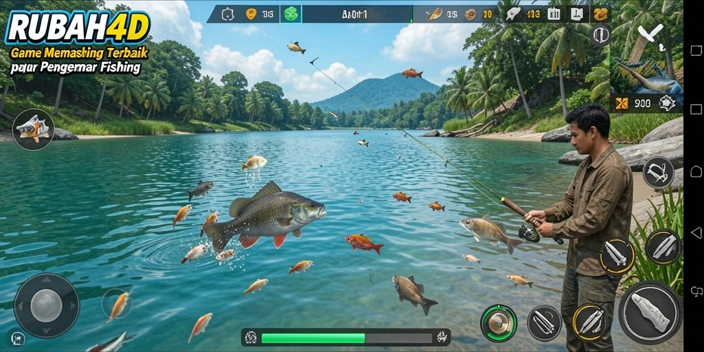 Screenshot menunjukkan gameplay memancing yang seru dan mendebarkan.